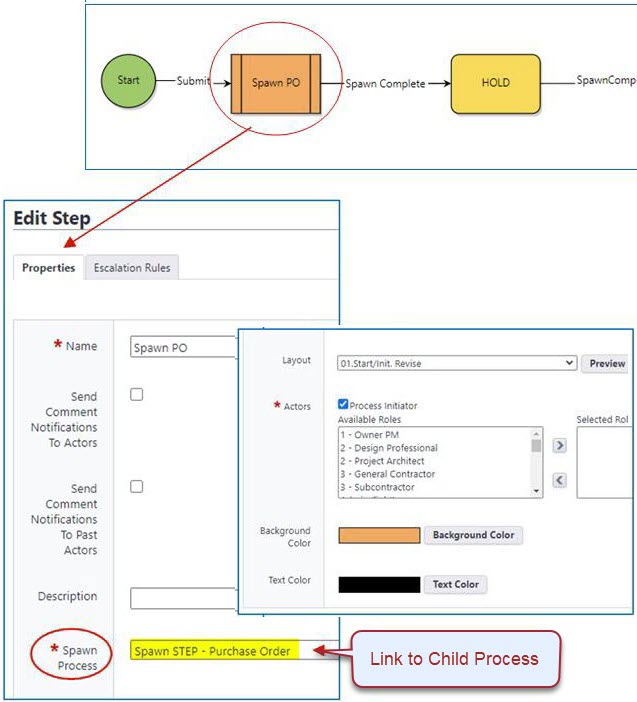 Parent process workflow spawn step properties